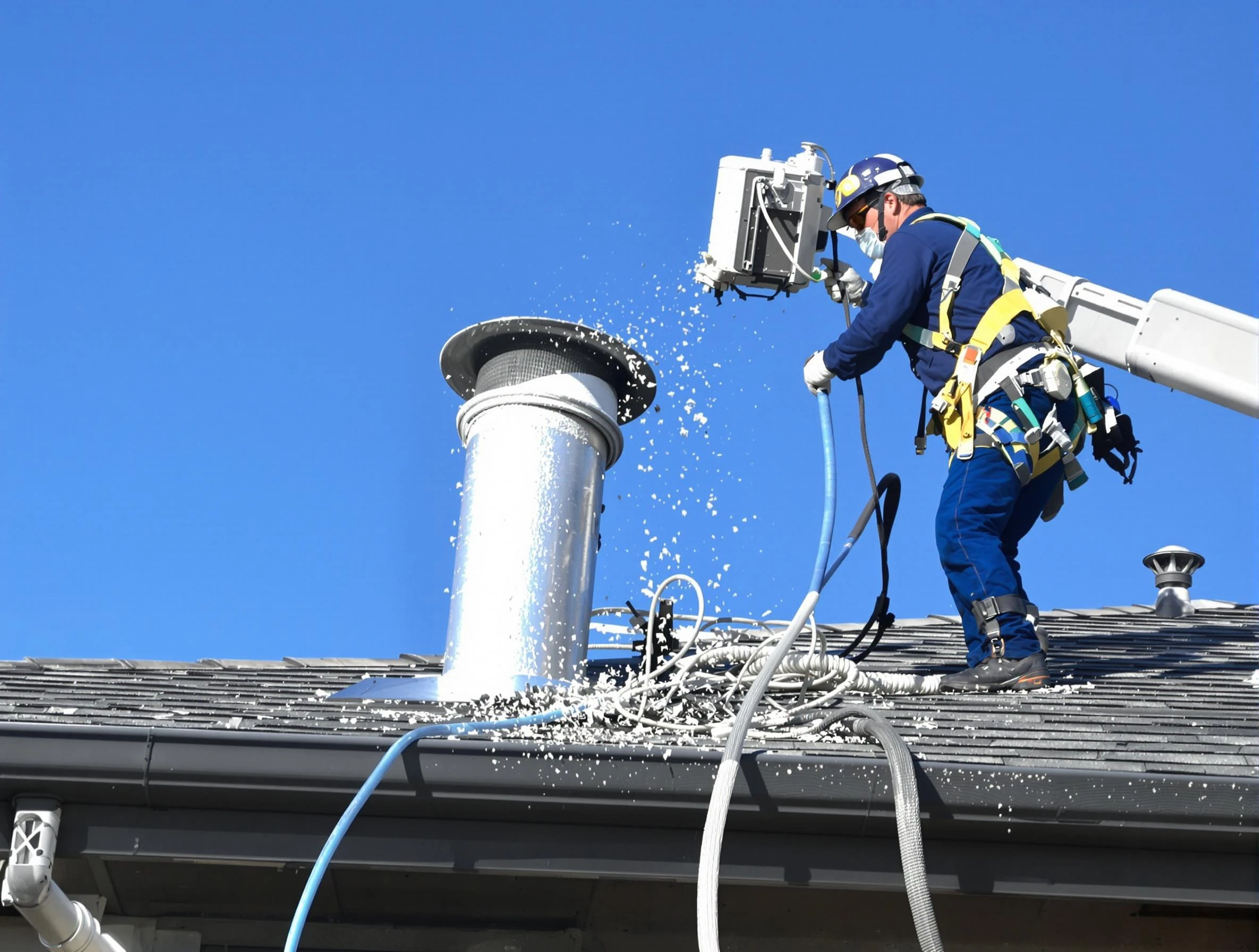 Nashville Dryer Vent Cleaning certified technician safely cleaning a roof-mounted dryer vent in Nashville